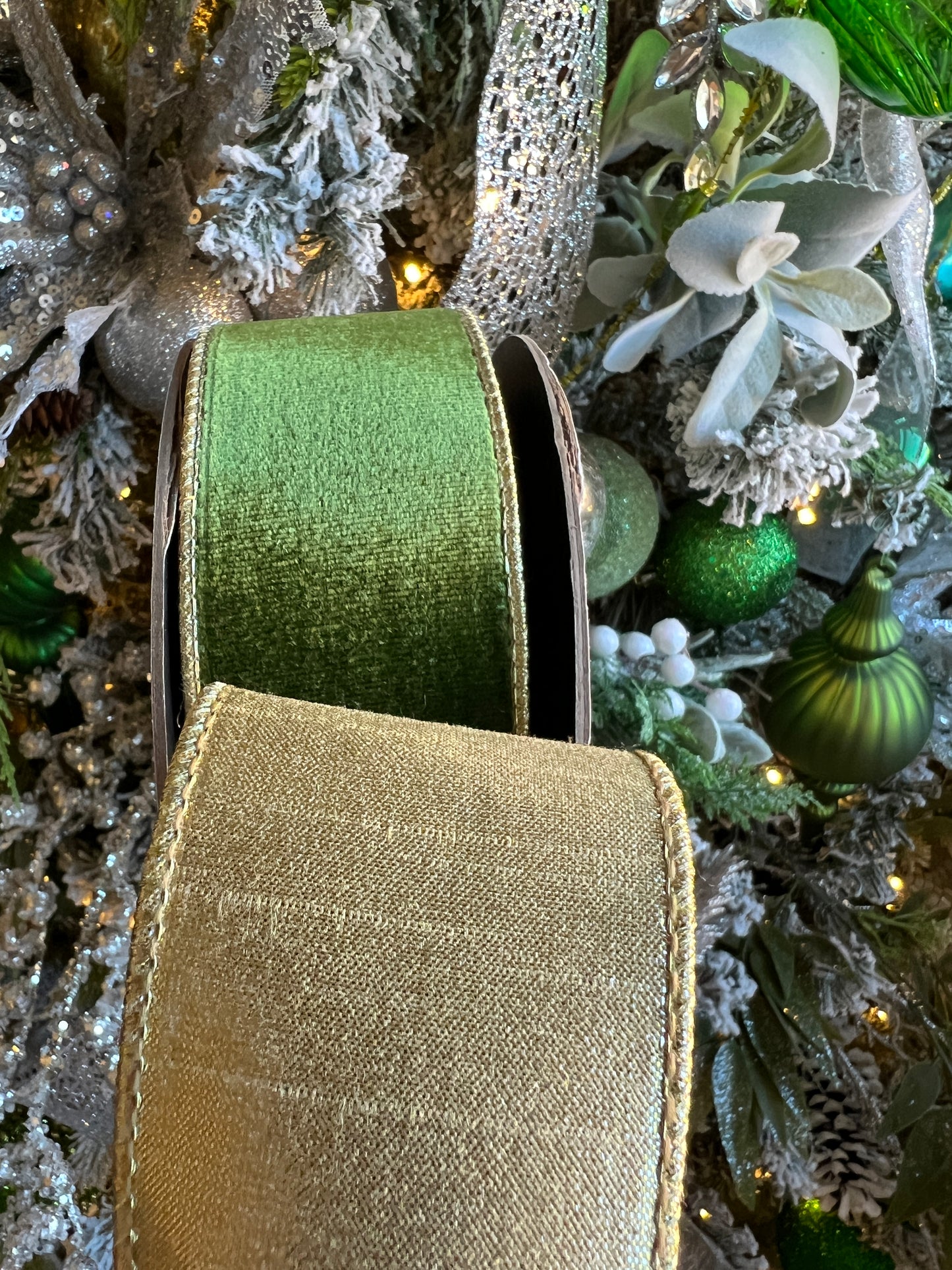 2.5” x 10yds lush velvet metallic light gold back, forest green ribbon (d. Steven’s)