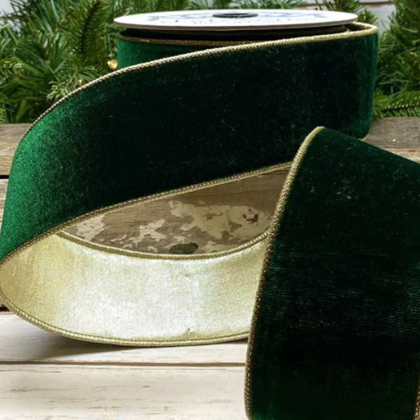 : 2.5" x 10yds Luxe velvet w/gold metallic back, pine ribbon