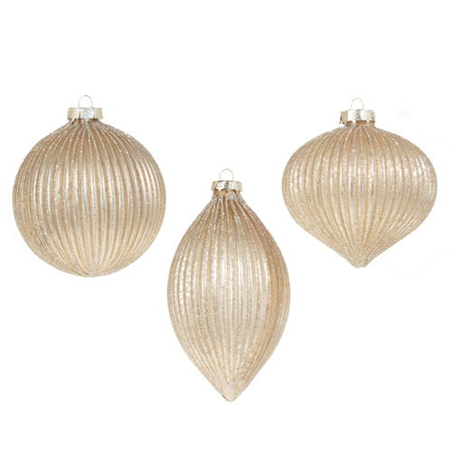 4" CHAMPAGNE GLITTER RIBBED ORNAMENT (SET OF 3)