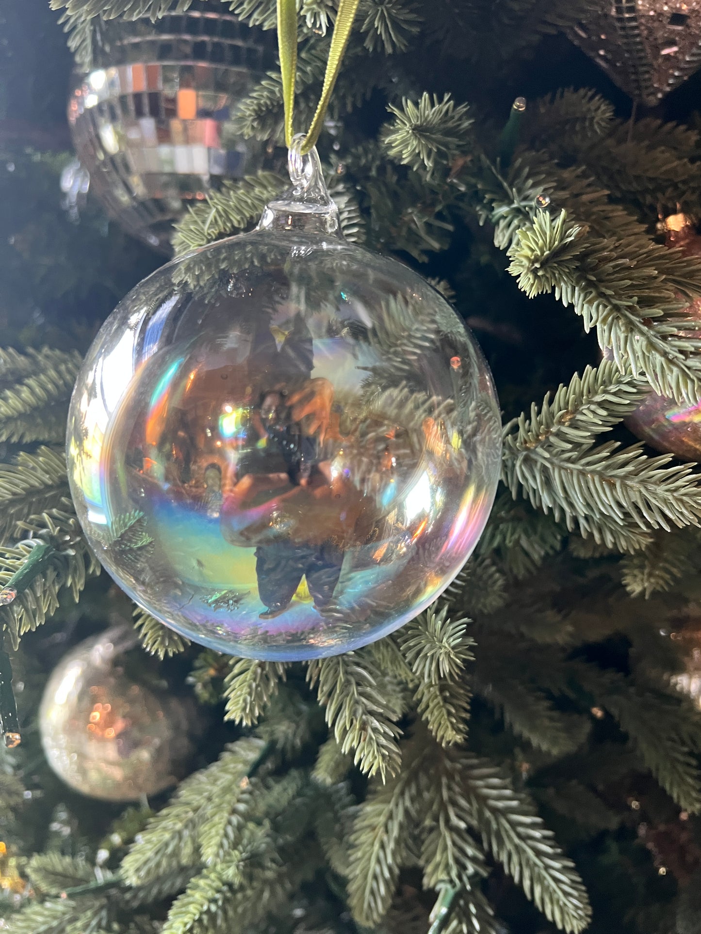 100mm glass ornament hand blown top, iridescent ball