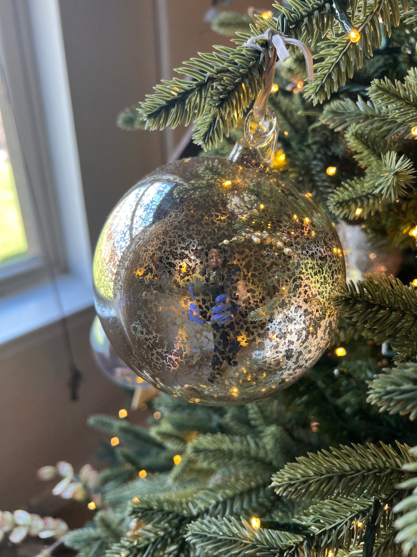 120mm glass ornament hand blown top, mercury vintage silver