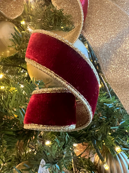Velvet ribbon ruby and metallic light gold back 1”x10 yds d. Stevens ribbon