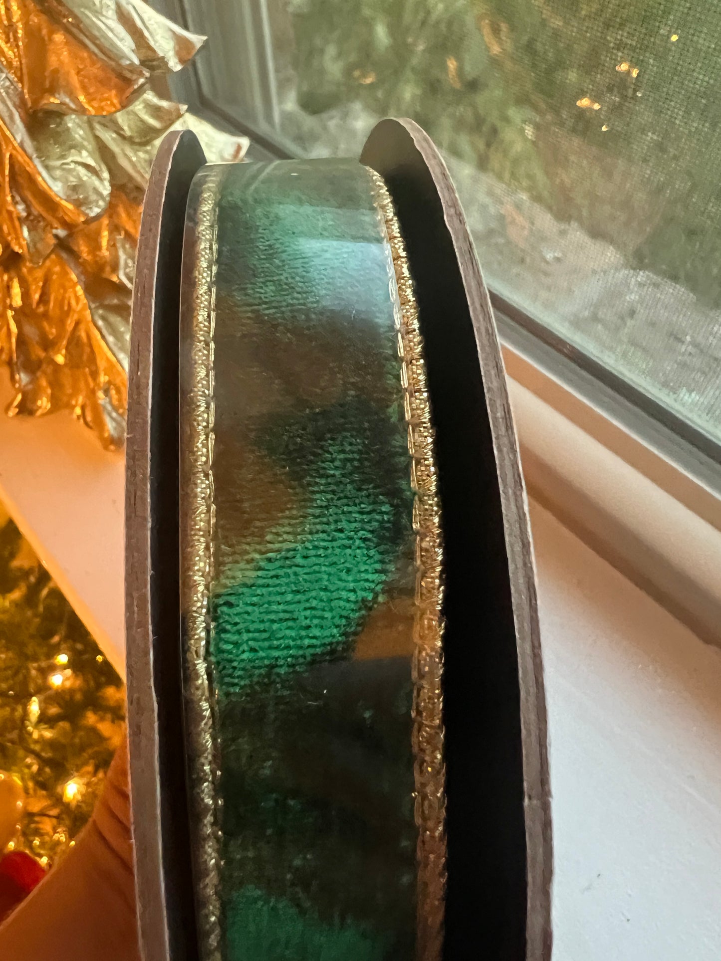 Velvet ribbon emerald and metallic gold back 1”x10 yds d. Stevens ribbon