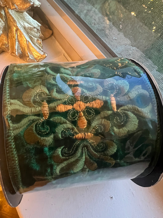 4" x 5yds velvet embroidery cross medallion, green ribbon