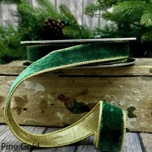 1" x 10yds lush velvet in forest green with metallic gold back ribbon