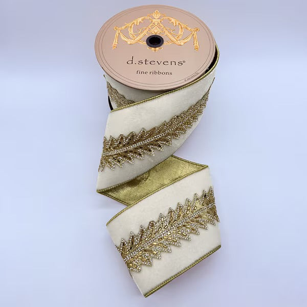 4" x 5yds velvet jewel art deco gold center trim, winter white ribbon
