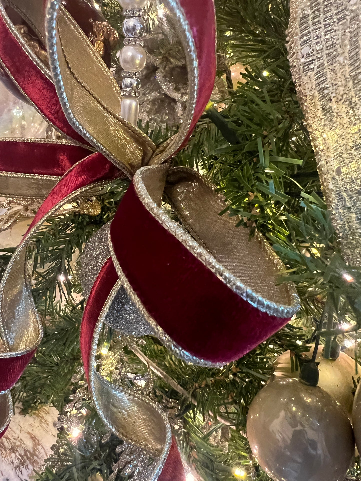 Velvet ribbon ruby and metallic light gold back 1”x10 yds d. Stevens ribbon