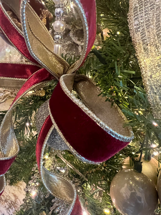 Velvet ribbon ruby and metallic light gold back 1”x10 yds d. Stevens ribbon
