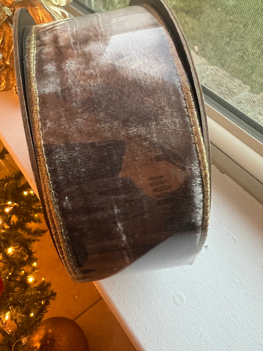 Velvet ribbon grey and metallic gold back 2.5”x10 yds d. Stevens ribbon