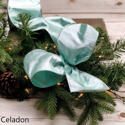 4" x 10yds gilded dupion, celadon ribbon