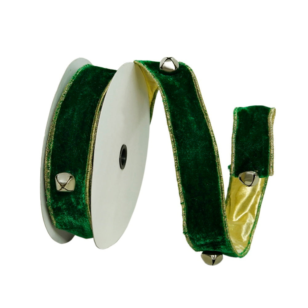 Vickerman 1.5" x 10 yd Emerald Jingle Bells Wired Edge Christmas Ribbon
