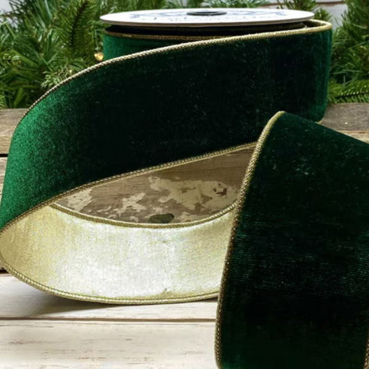 : 2.5" x 10yds Luxe velvet w/gold metallic back, pine ribbon