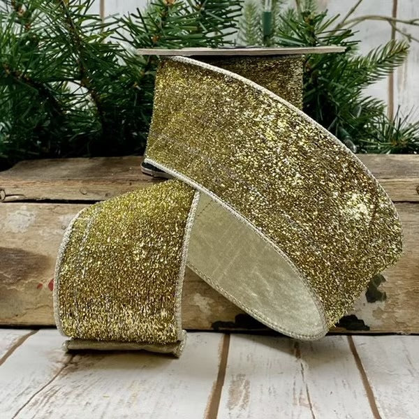 2.5" x 10yds metallic velvet matching metallic back, gold-silver