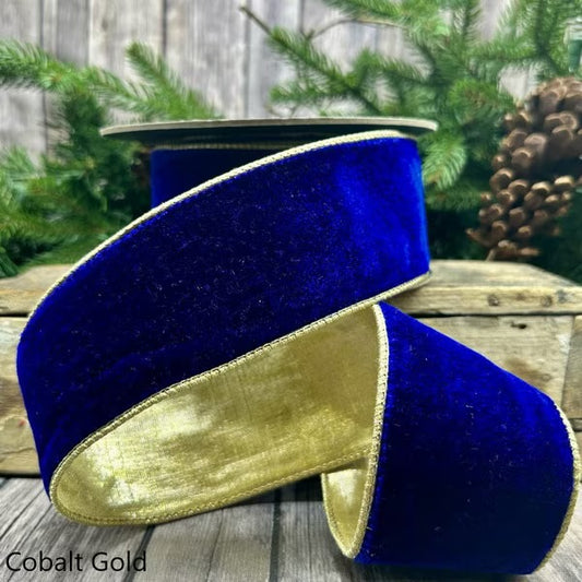 Ribbon 2.5" x 10yds VP lush velvet light gold back, sapphire