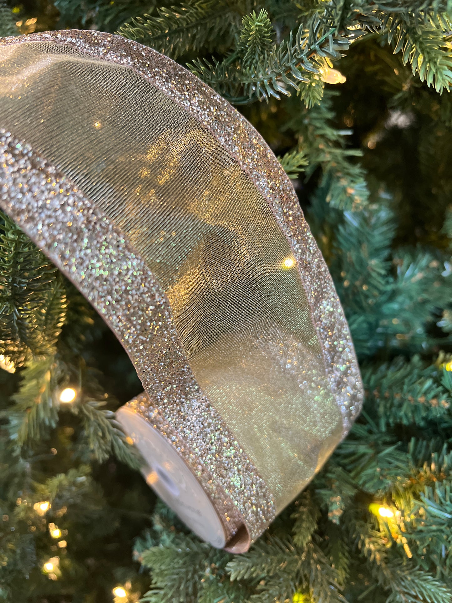 4" x 10yds mesh glitter edge, platinum ribbon