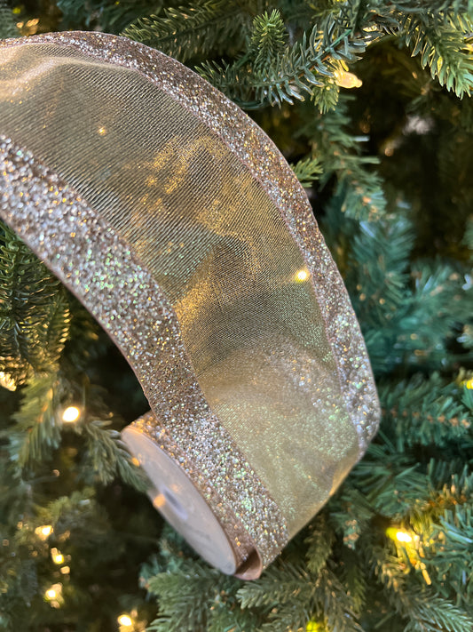 4" x 10yds mesh glitter edge, platinum ribbon