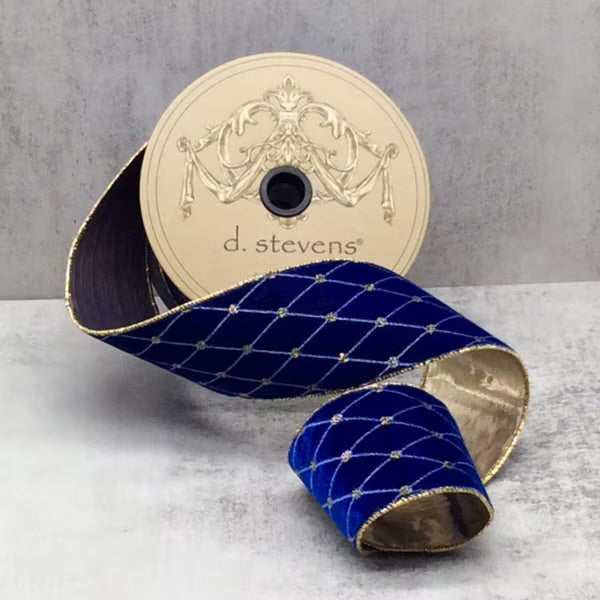 2.5" x 10yds velvet diamond embroidery pattern, royal blue ribbon