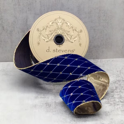 2.5" x 10yds velvet diamond embroidery pattern, royal blue ribbon