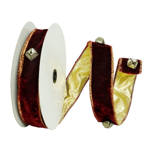 1.5" x 10 yd Wine Jingle Bells Wired Edge Christmas Ribbon