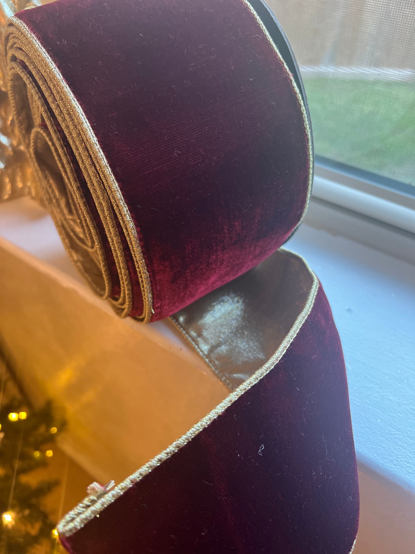 Velvet ribbon ruby and metallic gold back 4”x10 yds d. Stevens ribbon