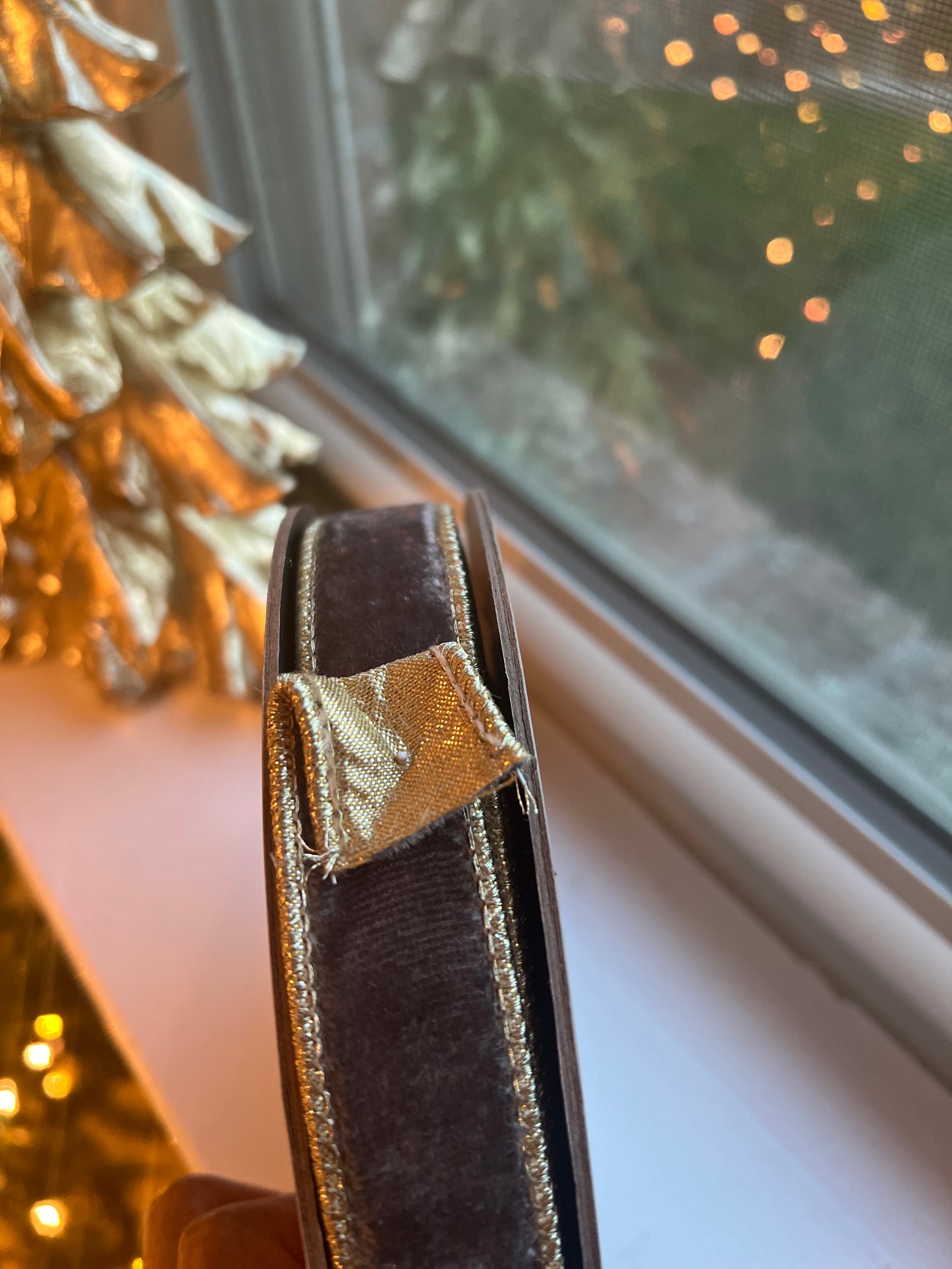 Velvet ribbon grey and metallic gold back 1”x10 yds d. Stevens ribbon