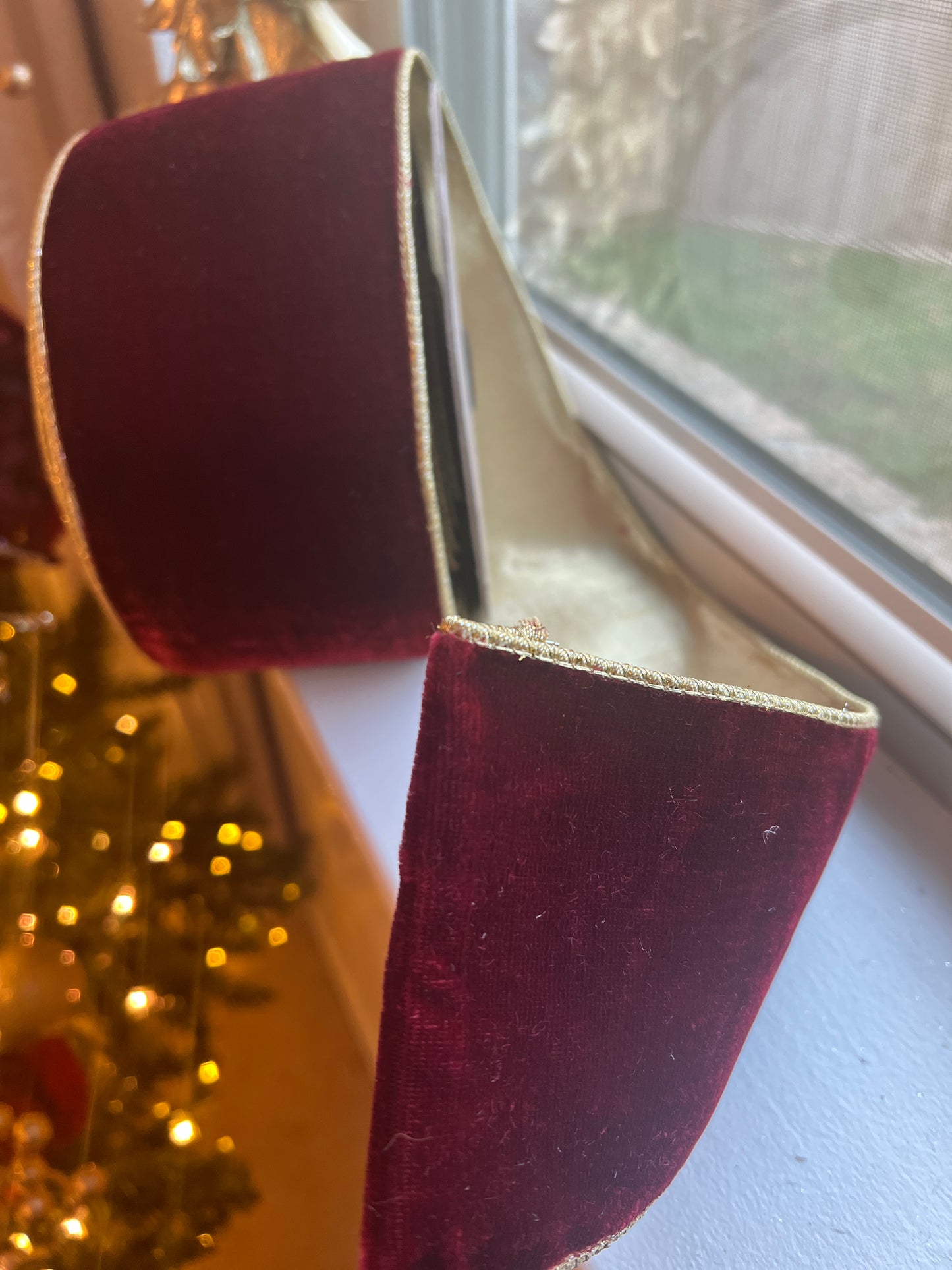Velvet ribbon ruby and metallic gold back 4”x10 yds d. Stevens ribbon