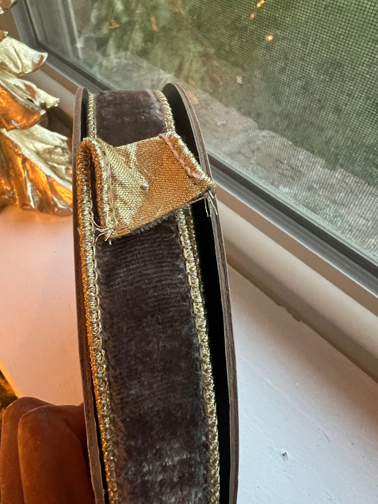 Velvet ribbon grey and metallic gold back 1”x10 yds d. Stevens ribbon