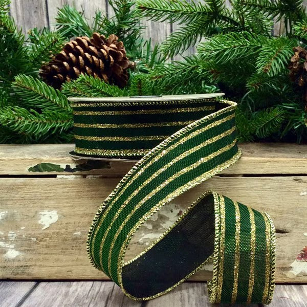 1.5" x 10yds metallic mesh gold glitter stripe, emerald ribbon