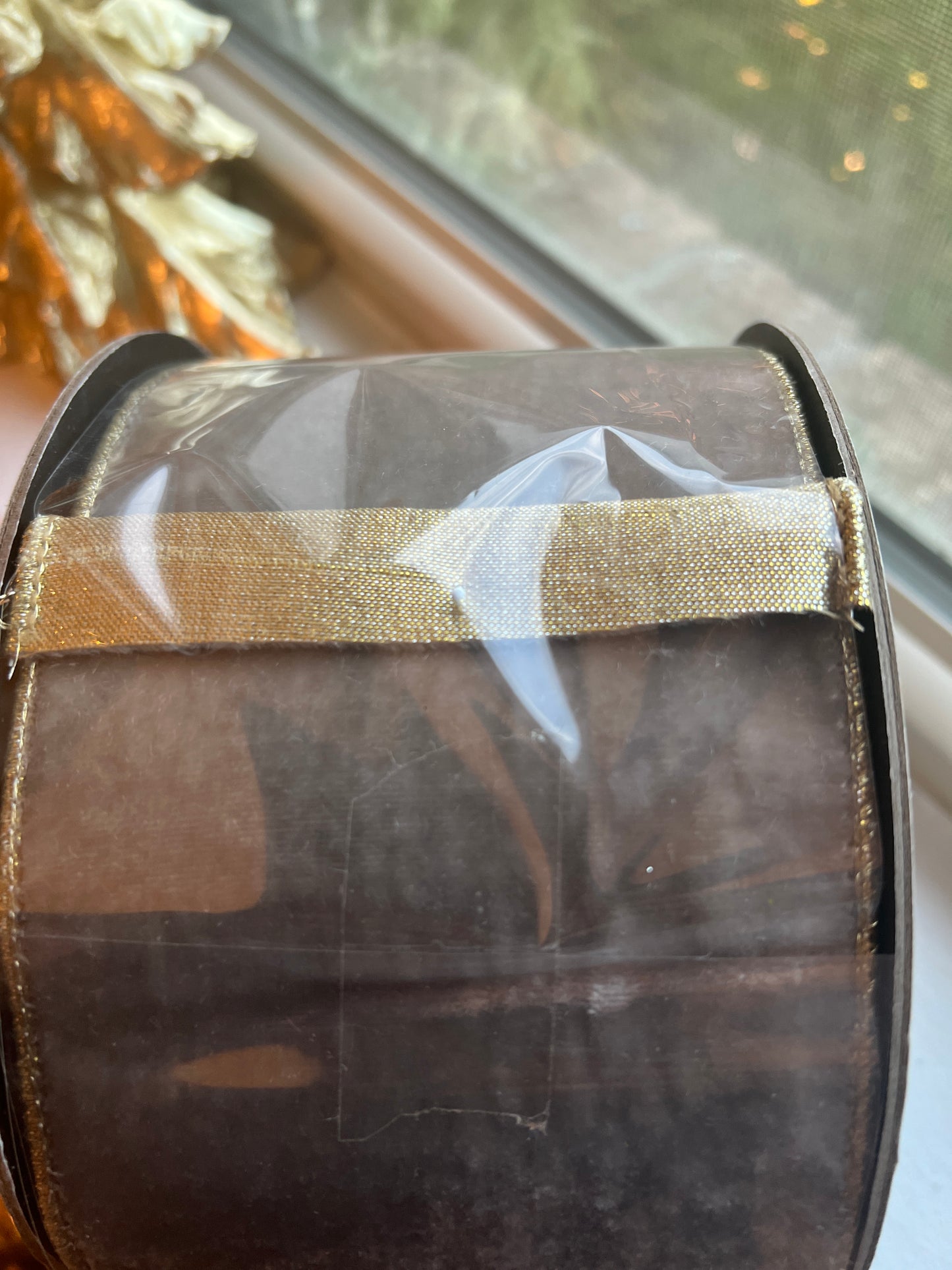 Velvet ribbon grey and metallic gold back 4”x10 yds d. Stevens ribbon