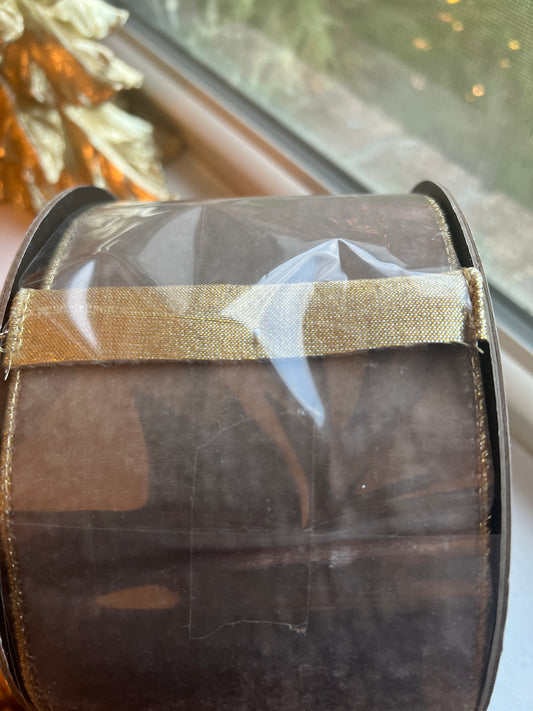 Velvet ribbon grey and metallic gold back 4”x10 yds d. Stevens ribbon