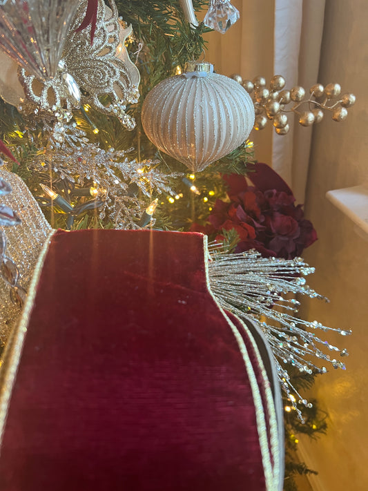 Velvet ribbon ruby and metallic gold back 4”x10 yds d. Stevens ribbon