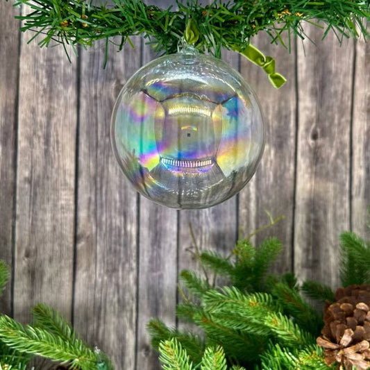 100mm glass ornament hand blown top, iridescent ball