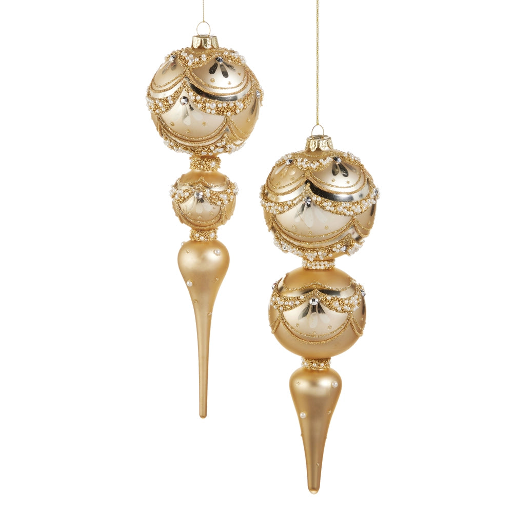 11" Gold Pearl Trimmed Finial Ornament (set of 2)