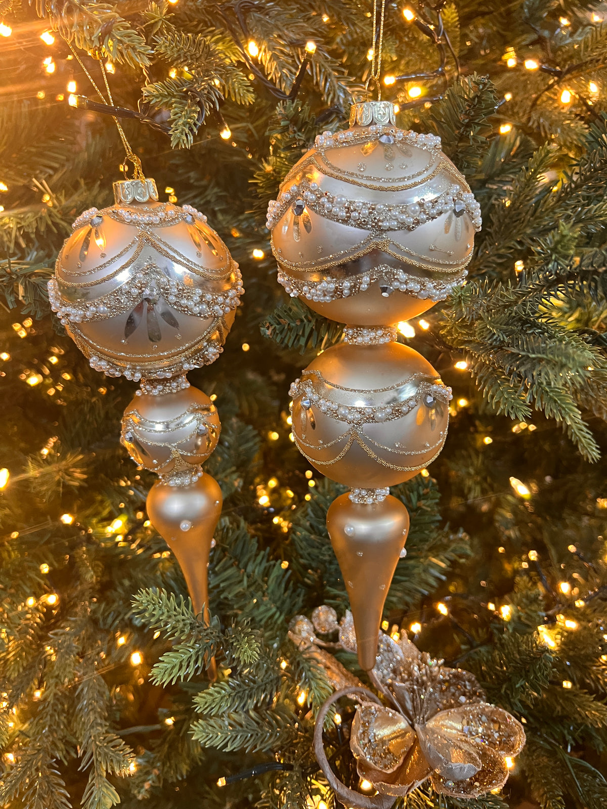 11" Gold Pearl Trimmed Finial Ornament (set of 2)