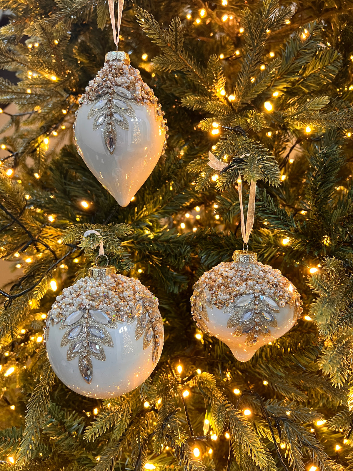 5" White Gem Encrusted Ornament(set of 3)