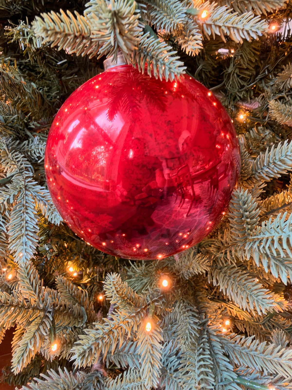 VINTAGE RED GLASS BALL ORNAMENT 5"