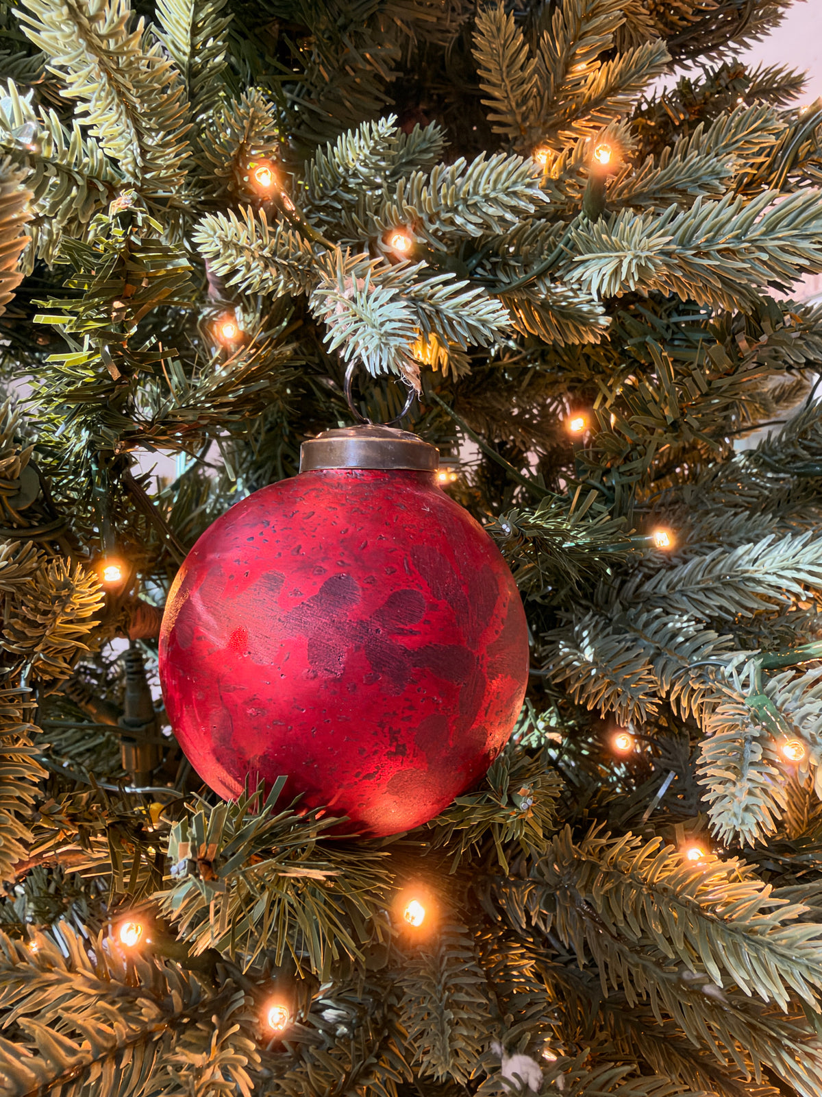 Frosted red etched glass ornament 3”