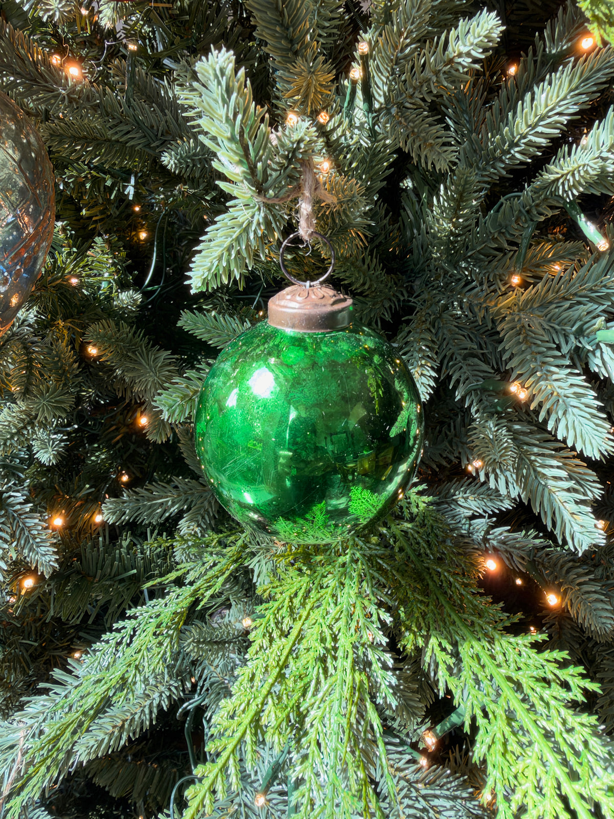 VINTAGE GREEN GLASS BALL ORNAMENT 3"