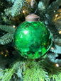 VINTAGE GREEN GLASS BALL ORNAMENT 3"